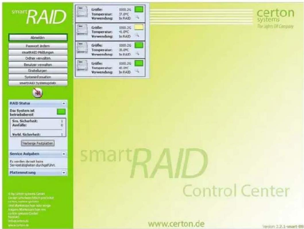 smartRAID Abwäden Passwort ändern smartRAID Middungen Order verwalten Besutzer verwalten Einstellungen Systeminformation smartRAID SystemsUpdate RAID Status Das System ist betriebsbereit Srs. Sicherheit: 1 Ausfälle: 0 Verbl. Sicherheit: 1 Verberge Festplatten Service Aufgaben Es werden derzeit keine Servicetätigkeiten durchgeführt. Plattennutzung © by critten systems GmbH Design überben sich geändert sicher, sowie systemes ind Marktwischen oder ange fragen Marktwischen im certain gewinn/Gröbel Konzahl bedarfortminder www.certon.de Größe: 1000.2G Temperatur: 37.0PC Verwendung: In RAID Größe: 1000.2G Temperatur: 49.0PC Verwendung: In RAID Größe: 1000.2G Temperatur: 38.0PC Verwendung: In RAID Größe: 1000.2G Temperatur: 40.0PC Verwendung: In RAID certon systems The Lights Off Company smartRAID Control Center www.certon.de Version 2.2.1-smart-88