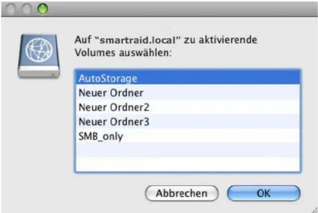 Auf "smartraid.local" zu aktivierende Volumes auswählen: AutoStorage Neuer Ordner Neuer Ordner2 Neuer Ordner3 SMB_only Abbrechen OK