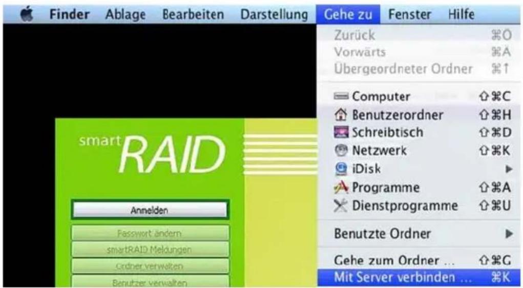 Finder Ablage Bearbeiten Darstellung Gohe zu Fenster Hilfe Zurück %O Vorwärts %A Übergeordneter Ordner %↑ Computer %C Benutzerordner %H Schreibtisch %D Netzwerk %K iDisk ► Programme %A Dienstprogramme %U Benutzte Ordner ► Gehe zum Ordner ... %G Mit Server verbinden ... %K smart RAID Annelden Passwort ändern smartRAID Meldungen Ordner verworben Benutzer verwalten