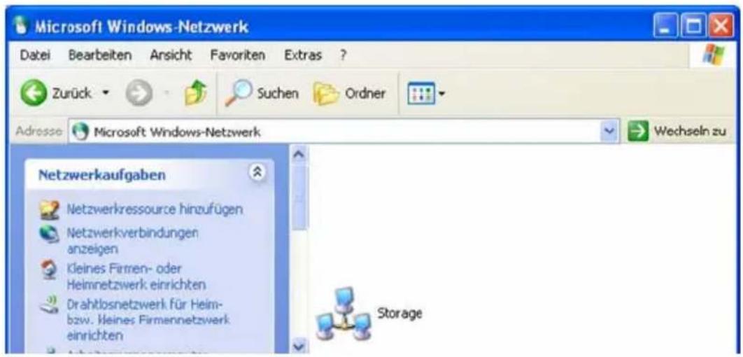 Microsoft Windows-Netzwerk Datei Bearbeiten Ansicht Favoriten Extras ? Zurück Suchen Ordner Adresse Microsoft Windows-Netzwerk Wechseln zu Netzwerkaufgaben Netzwerkressource hinzufügen Netzwerkverbindungen anzeigen Kleines Firmen- oder Heimnetzwerk einrichten Drahtlosnetzwerk für Heim- bzw. Kleines Firmennetzwerk einrichten Storage