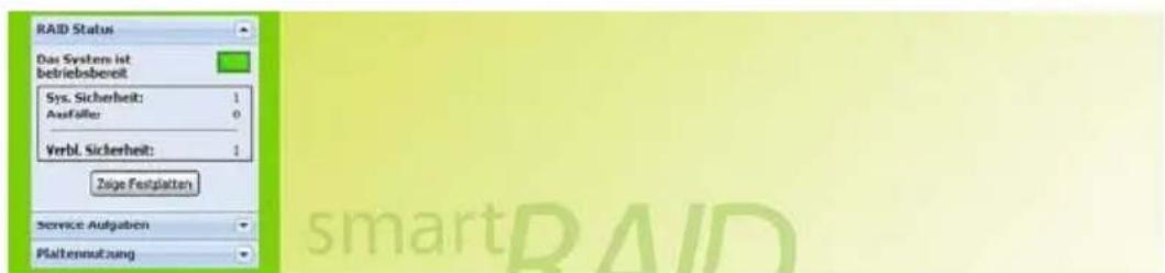 RAID Status Das System ist betriebsbereit Sys. Sicherheit: 1 Ausfaller: 0 Verbl. Sicherheit: 1 Zsige Festplatten Service Aufgaben Plattenutzung