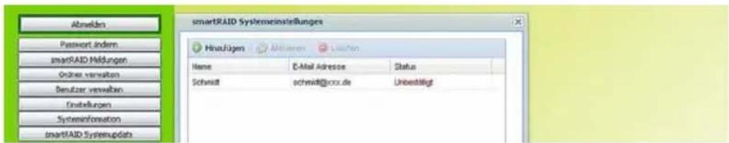 Abmelden Password, indem. smartRAID Meldungen Orbner verwalten Benutzer verwalten Einstellungen Systeminformation smartRAID Systemupdate smartRAID Systemweinstellungen Hinuflügen Aflüchen Lachan Name E-Mail Adresse Status Schmidt schmidt@cox.de Unbestätigt