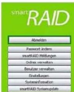 smartRAID Abmelden Password ändern smartRAID Hildungen Ordnar verwalten Berutzer verwalten Einstellungen SystemInformation smartRAID SystemUpdate