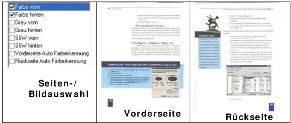 Farbe vorn Farbe hinten Grau vorn Grau hinten S&W vorn S&W hinten Vorderseite Auto Farberkennung Rückseite Auto Farberkennung Seiten-/ Bildauswahl Vorderseite Rückseite