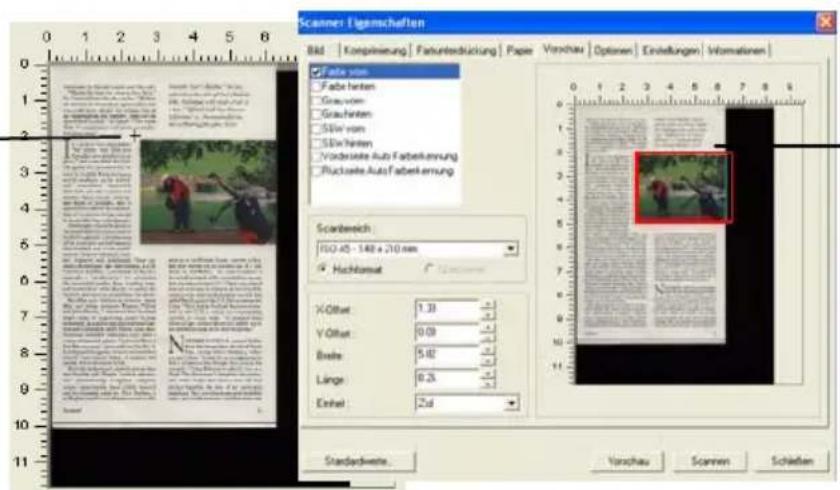 Scanner Eigenschaften Bild | Komplierung | Faturerstückung | Paper | Vorschau | Optiven | Einstellungen | Normatenen | ✓ Fabe von ✓ Fabe herten ✓ Grau von ✓ Graucherten ✓ Sliw von ✓ Sliw herten ✓ Vorderste Auto Faberkernung ✓ Rückste Auto Faberkernung Scanbereich ISO 45 - 140 x 210 mm ✓ Hochlassat X Offset: 1.38 Y Offset: 0.09 Beste: 5.42 Linge: 0.25 Einheit: 2d Standardwerte. Vorschau Scanen Schieben