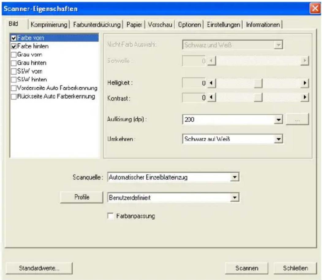 Scanner-Eigenschaften Bild | Komprimierung | Farbunterdlückung | Papier | Vorschau | Optionen | Einstellungen | Informationen | ✓ Farbe vom ✓ Farbe hinten □ Grau vom □ Grau hinten □ S&W vom □ S&W hinten □ Vorderseite Auto Farberkennung □ Rückseite Auto Farberkennung Nicht-Farb Auswah: Schwarz und Weiß Schwelle: 0 Helligkeit: 0 Kontrast: 0 Auflösung (dpi): 200 Umkehren: Schwarz auf Weiß Scanquelle: Automatischer Einzelblättenzug Profile Benutzerdefiniert Farbanpassung Standardwerte... Scannen Schließen