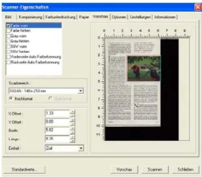 Scanner-Ligenschaften Bild | Kompsienung | Farbunderrückung | Paper | Vorschau | Optionen | Einstellungen | Informalonen | □ Farbe vom □ Farbe hinten □ Grau vom □ Grau hinten □ SIV vom □ SIV hinten □ Vorderseite Auto Farbekennung □ Rückseite Auto Farbekennung Scarbereich : ISO:45 - 148x 210 mm ○ Hochformat ○ Quorflege X-Offset : 1.33 Y-Offset : 0.00 Brete : 5.62 Linge : 8.26 Einheit : Zoll Standardwerte... Vorschau | Scannen | Schließen