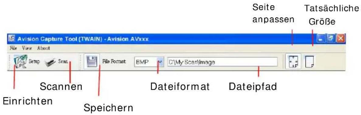 Seite anpassen Tatsächliche Größe Avision Capture Tool (TWAIN) - Avision AVxxx File View About Semp Scan File Format BMP C:\My Scan\Image Scannen Dateiformat Dateipfad Einrichten Speichern