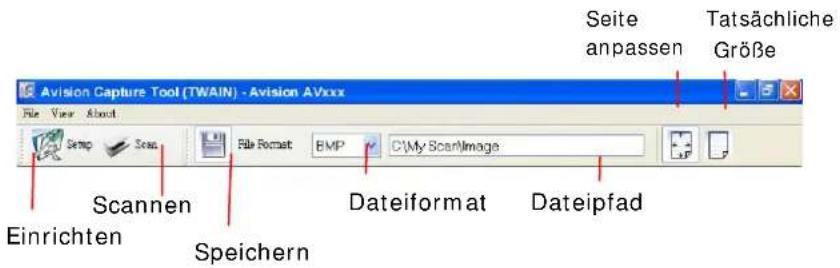 Avision Capture Tool (TWAIN) - Avision A.Vxxx File View About Scannen Einrichten Speichern File Format BMP C:\My Scan\Image Dateiformat Dateipfad Seite anpassen Tatsächliche Größe