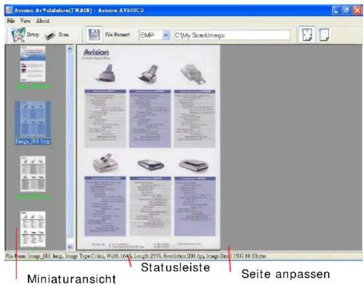 Avision AvValidation(T/WAIN) - Avison AV60UC2 File View About Setup Bass File Pocket: BMP C:\My Scan\Image Avison Statusleiste Seite anpassen Miniaturansicht