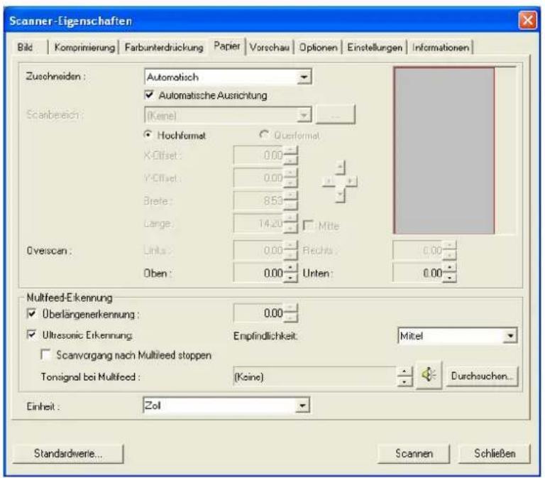 Scanner-Eigenschaften Bild | Komprimierung | Farbunterdrückung | Papier | Vorschau | Optionen | Einstellungen | Informationen | Zuschneiden : Automatisch ✓ Automatische Ausrichtung Scanbereich : (Keine) ○ Hochformat ○ Querformat X-Offset: 0.00 Y-Offset: 0.00 Brete: 853 Large: 14.20 □ Mitte Overscan : Links: 0.00 □ Rechts: 0.00 Oben : 0.00 □ Unten: 0.00 Multifeed-Ekennung ✓ Obelängenerkennung: 0.00 ✓ Ultrasonic Erkennung Enplindlichkeit: Mittel □ Scanvorgang nach Multifeed stoppen Tonsignal bei Multifeed : (Keine) Durchsuchen... Einheit : Zoll Standardverie... Scannen Schließen