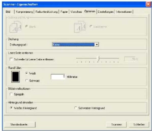 Scanner-Ligenschaften Bild | Komprintung | Faburterdurchung | Paper | Vorschau | Optionen | Einstellungen | Infomikalien Software Wichtung: A A Drehung Drehungsglad: Kare Loose Siete entitionen Schwelle für Lese Siete entitionen 50 % Rand/Lien Wolb 0 Schwarz Bildeinstellungen Spiegah Hintergrund einsstellen Welter Hintergrund Schweizer Hintergrund Standardseite Scanen Schließen
