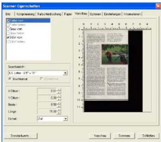Scanner-Eigenschaften Bild | Kompressung | Faburterdackung | Paper | Vorschau | Optionen | Einstellungen | Informationen ■ Fabu von ■ Fabu hafen ■ Grau von ■ Grau hafen ■ S&W von ■ S&W hafen Scantbereich: US Letter - 0.5" x 11" ○ Hochformat ○ Einformat X-Offset : 0.01 Y-Offset : 0.00 Brste : 8.50 Länge : 11.00 Einheit : Zoll Standardnote... Vorschau | Scanning | Schlöben