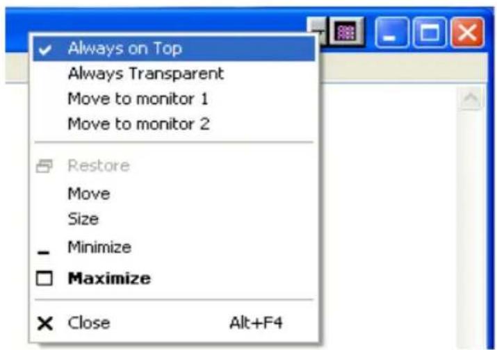 Always on Top Always Transparent Move to monitor 1 Move to monitor 2 Restore Move Size Minimize Maximize Close Alt+F4