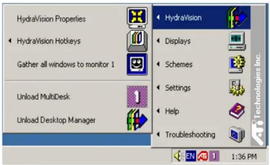 HydraVision Properties HydraVision Hotkeys Gather all windows to monitor 1 Unload MultiDesk Unload Desktop Manager HydraVision Displays Schemes Settings Help Troubleshooting Technologies Inc. EN 1 1:36 PM