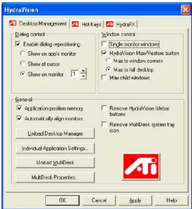 HydraVision Desktop Management Hot Keys HydraFX Dialog control Enable dialog repositioning Show on app's monitor Show at cursor Show on monitor 1 Window control Single monitor windows HydraVision Max/Restore button Max to window corners Max to full desktop Max child windows General Application position memory Automatically align monitors Unload Desktop Manager Remove HydraVision tilebar button Remove MultiDesk system tray icon Individual Application Settings... Unload MultiDesk MultiDesk Properties... OK Cancel Apply Help