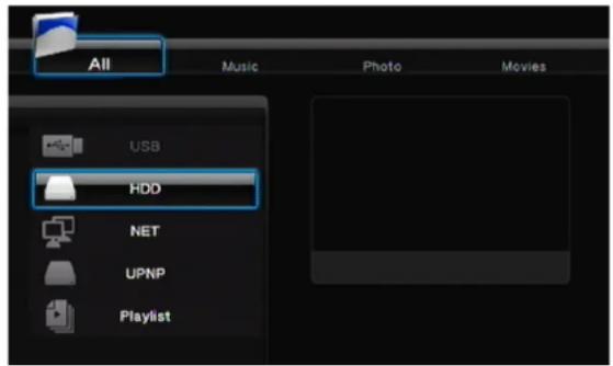 All Music Photo Movies USB HDD NET UPNP Playlist