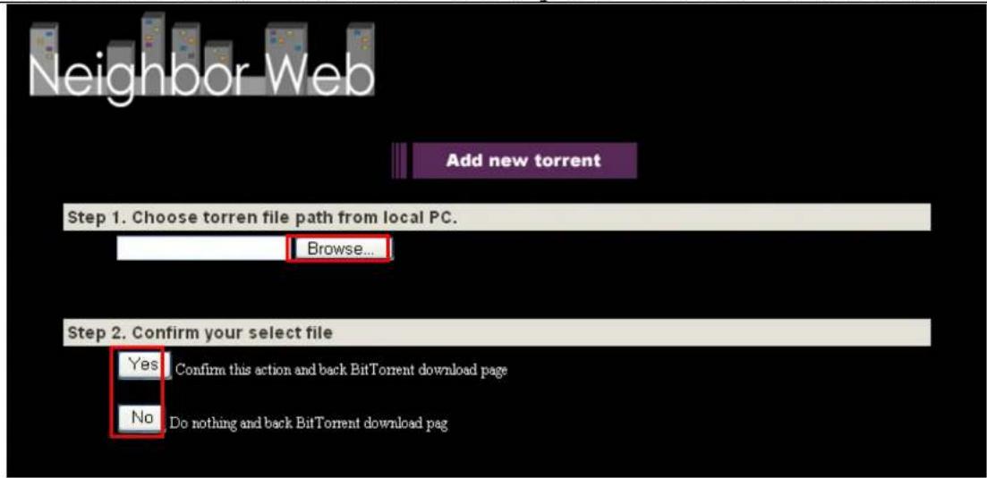 Neighbor Web Add new torrent Step 1. Choose torren file path from local PC. Browse... Step 2. Confirm your select file Yes Confirm this action and back BitTorrent download page No Do nothing and back BitTorrent download pag