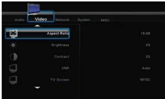 Audio Video Network System MSC Aspect Ratio 16:09 Brightness 25 Contrast 25 DNR Auto TV System NTSC