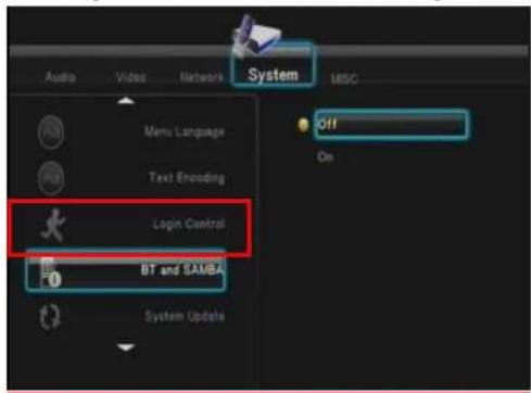 Audio Videos Network System MISC Menu Language Text Encoding Login Control BT and SAMBA System Update Off On