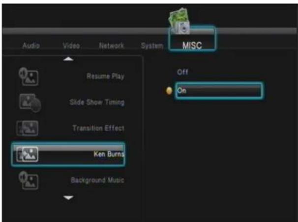 Audio Video Network System MISC Resume Play Slide Show Timing Transition Effect Ken Burns Background Music Off On