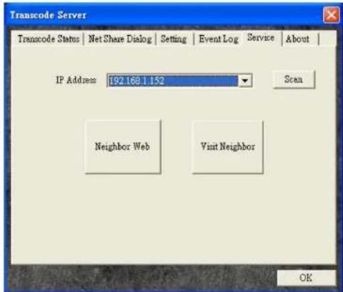 Transcode Server Transcode Status | Net Share Dialog | Setting | Event Log | Service | About | IP Address: 192.168.1.152 Scan Neighbor Web Visit Neighbor OK