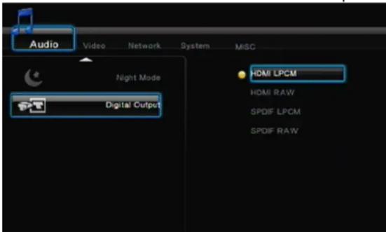 Audio Video Network System MISC Night Mode Digital Output HDMI LPCM HDMI RAW SPDIF LPCM SPDIF RAW