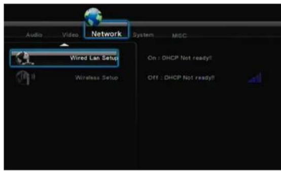 Audio Video Network System MISC Wired Lan Setup On : DHCP Not ready!! Wireless Setup Off : DHCP Not ready!!