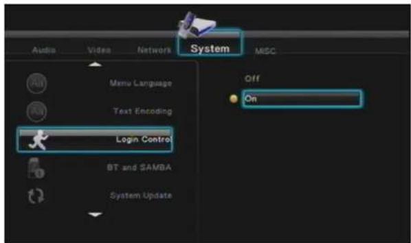 System Audio Video Network MISC Menu Language Text Encoding Login Control Off On BT and SAMBA System Update