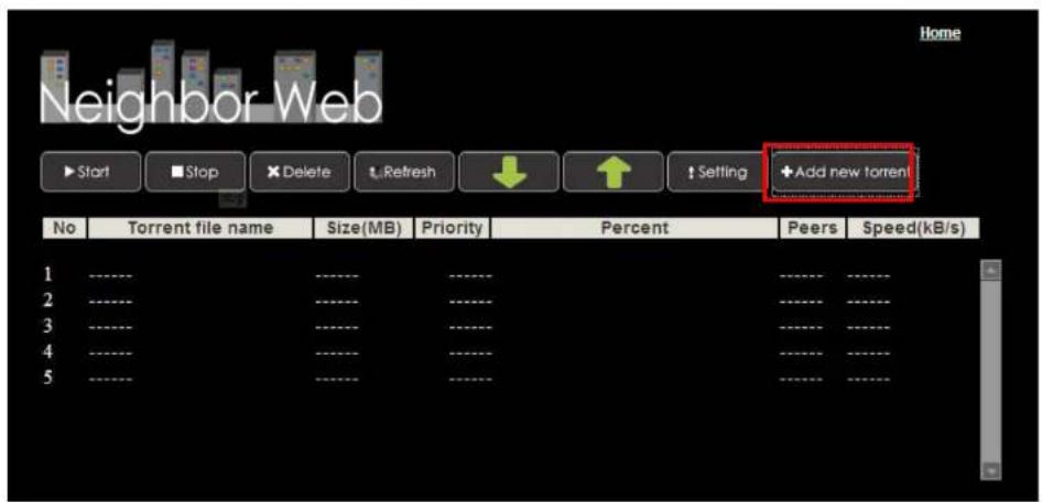 Neighbor Web Start Stop Delete Refresh ↑ Setting +Add new torrent No Torrent file name Size(MB) Priority Percent Peers Speed(kB/s) 1 ---- ---- ---- ---- ---- ---- 2 ---- ---- ---- ---- ---- ---- 3 ---- ---- ---- ---- ---- ---- 4 ---- ---- ---- ---- ---- ---- 5 ---- ---- ---- ---- ----