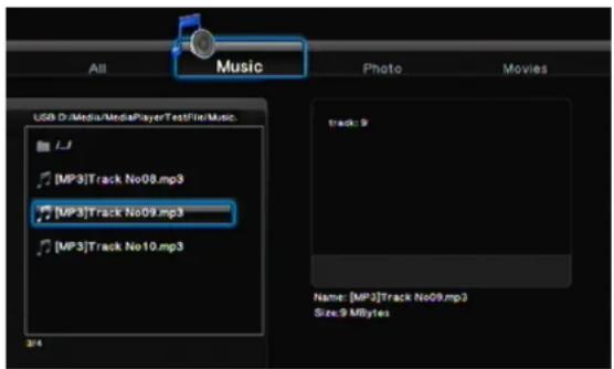 All Music Photo Movies USB Dr/Media/MediaPlayerTestFile/Music ./J [MP3]Track No08.mp3 [MP3]Track No09.mp3 [MP3]Track No10.mp3 track: 9 Name: [MP3]Track No09.mp3 Size: 9 Mbytes 2/4