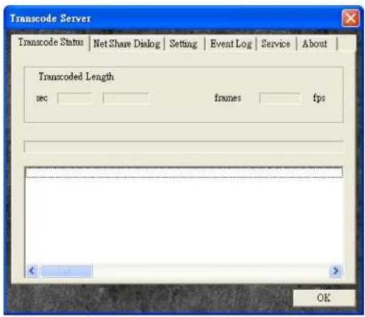 Transcode Server Transcode Status | Net Share Dialog | Setting | Event Log | Service | About | Transcoded Length sec frames fps OK