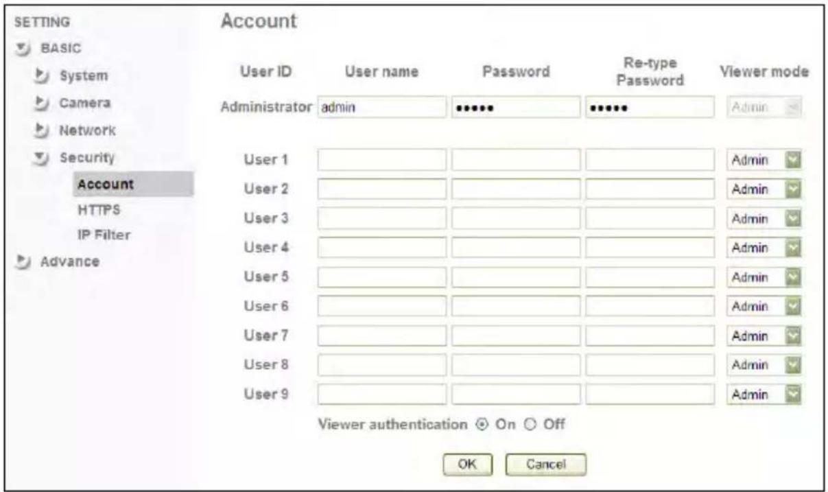 SETTING BASIC System Camera Network Security Account HTTPS IP Filter Advance Account User ID User name Password Re-type Administrator admin ******** ******** Viewer mode User 1 User 2 User 3 User 4 User 5 User 6 User 7 User 8 User 9 Viewer authentication ☑ On ○ Off OK Cancel