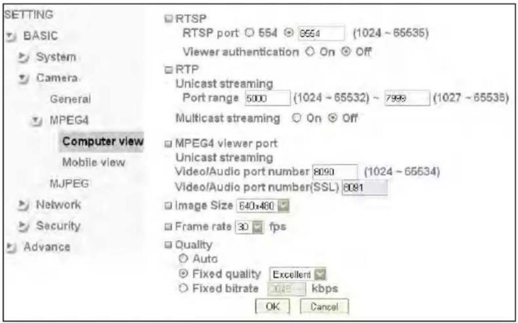 SETTING BASIC System Camera General MPEG4 Computer view Mobile view MJPEG Network Security Advance RTSP RTSP port ○ 554 ● 6554 (1024 ~ 65535) Viewer authentication ○ On ○ Off RTP Unicast streaming Port range 5000 (1024 ~ 65532) ~ 7999 (1027 ~ 65535) Multicast streaming ○ On ○ Off MPEG4 viewer port Unicast streaming Video/Audio port number 8090 (1024 ~ 65534) Video/Audio port number(SSL) 8091 Image Size 640x480 Frame rate 30 fps Quality ○ Auto ● Fixed quality Excellent ○ Fixed bitrate 0.45 kbps OK Cancel