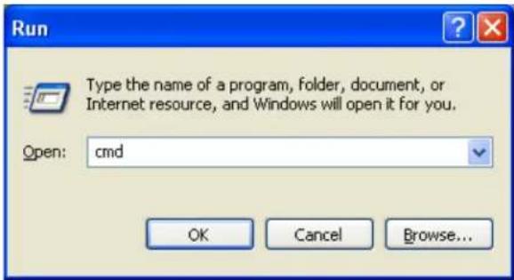 Run Type the name of a program, folder, document, or Internet resource, and Windows will open it for you. Open: cmd OK Cancel Browse...