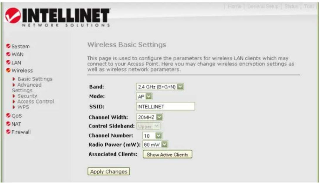 INTELLINET NETWORK SOLUTIONS System WAN LAN Wireless ► Basic Settings ► Advanced Settings ► Security ► Access Control ► WPS QoS NAT Firewall Wireless Basic Settings This page is used to configure the parameters for wireless LAN clients which may connect to your Access Point. Here you may change wireless encryption settings as well as wireless network parameters. Band: 2.4 GHz (B+G+N) Mode: AP SSID: INTELLINET Channel Width: 20MHZ Control Sideband: Upper Channel Number: 10 Radio Power (mW): 60 mW Associated Clients: Show Active Clients Apply Changes