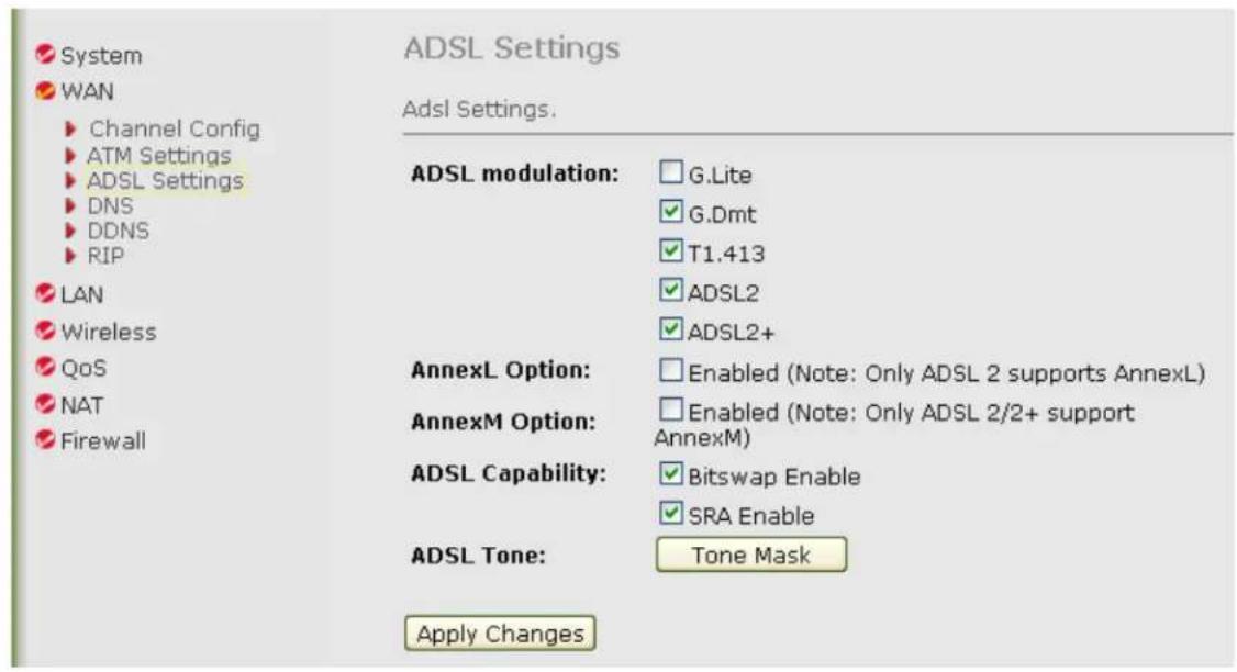 System WAN Channel Config ATM Settings ADSL Settings DNS DDNS RIP LAN Wireless QoS NAT Firewall ADSL Settings Adsl Settings. ADSL modulation: G.Lite G.Dmt T1.413 ADSL2 ADSL2+ AnnexL Option: Enabled (Note: Only ADSL 2 supports AnnexL) AnnexM Option: Enabled (Note: Only ADSL 2/2+ support AnnexM) ADSL Capability: Bitswap Enable SRA Enable ADSL Tone: Tone Mask Apply Changes