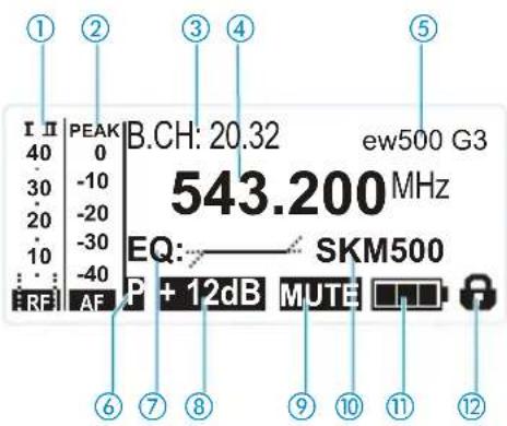 I II PEAK B.CH: 20.32 ew500 G3 40 0 30 -10 20 -20 10 -30 : RE AF EQ: SKM500 P + 12dB MUTE