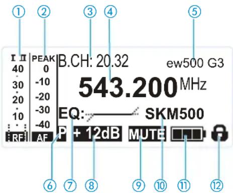 I II | PEAK | B.CH: 20.32 40 0 30 -10 20 -20 10 -30 -40 REF AF P + 12dB MUTE 6 7 8 9 10 11 12 ew500 G3 543.200 MHz EQ: SKM500