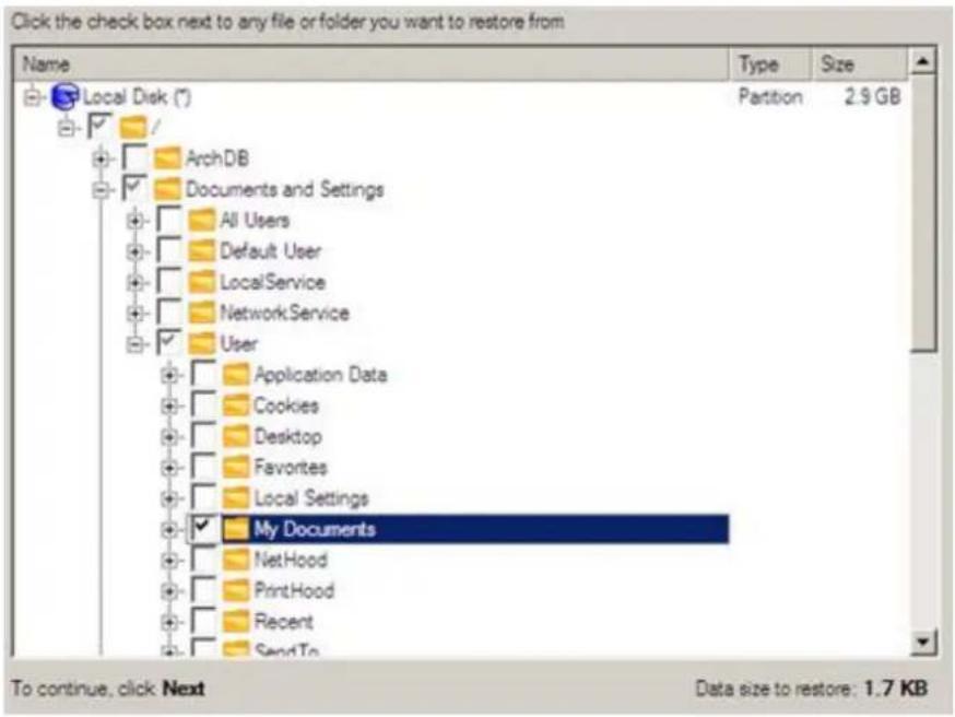Click the check box next to any file or folder you want to restore from Name Type Size Local Disk (*) Partition 2.9 GB ArchDB Documents and Settings All Users Default User LocalService NetworkService User Application Data Cookies Desktop Favorites Local Settings My Documents NetHood PrintHood Recent…