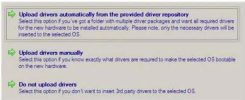Upload drivers automatically from the provided driver repository Select this option if you've got a folder with multiple driver packages and want all required drivers for the new hardware to be installed automatically. Please note, only the necessary drivers will be inserted to the selected OS. Uplo…