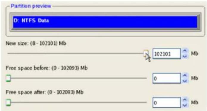 Partition preview D: NTFS Data New size: (8 - 102101) Mb 102101 Mb Free space before: (0 - 102093) Mb 0 Mb Free space after: (0 - 102093) Mb 0 Mb