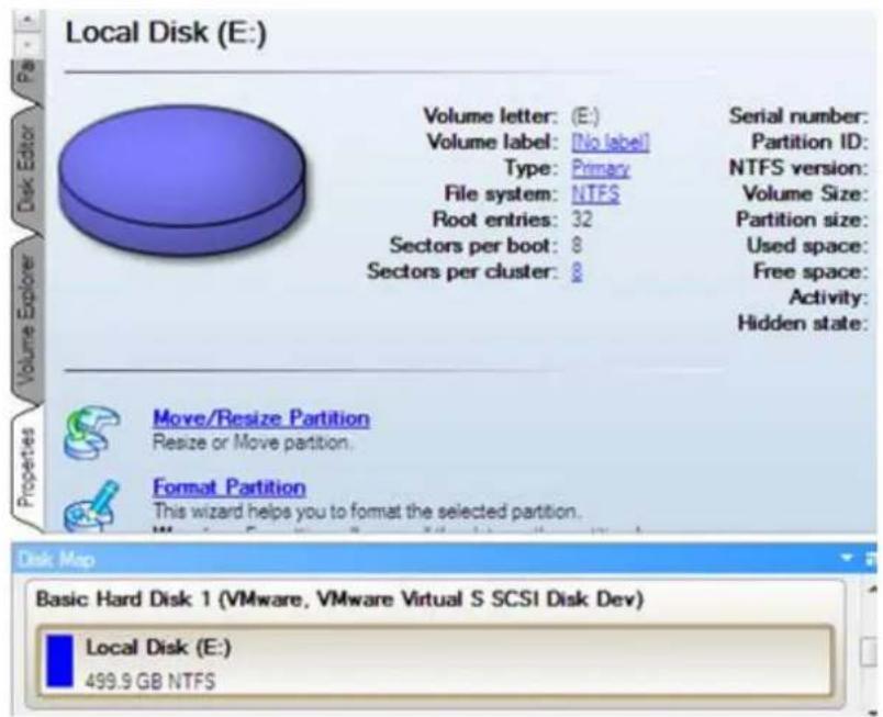 Local Disk (E:) Volume letter: (E:) Volume label: [No label] Type: Primary File system: NTFS Root entries: 32 Sectors per boot: 8 Sectors per cluster: 8 Serial number: Partition ID: NTFS version: Volume Size: Partition size: Used space: Free space: Activity: Hidden state: Move/Resize Partition Resiz…