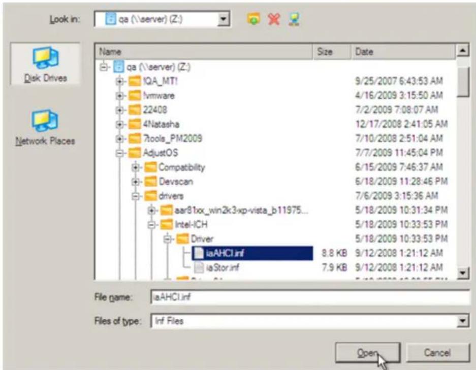 Look in: qa (\server) (Z:) Name Size也有 qa (\server) (Z:) 1QA_MT! vmware 22408 4Natasha 7Tools_PM2009 AdjustOS Compatibility Devscan drivers aar81xx_win2k3-xp-vista_b11975... Intel-ICH Driver iaAHCI.inf 8.8 KB 9/12/2008 1:21:12 AM iaStor.inf 7.9 KB 9/12/2008 1:21:12 AM File name: iaAHCI.inf Files of…