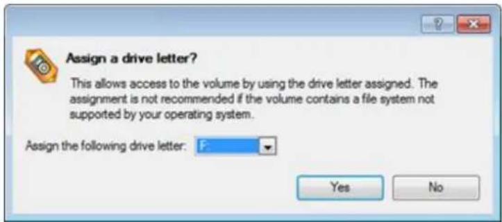 Assign a drive letter? This allows access to the volume by using the drive letter assigned. The assignment is not recommended if the volume contains a file system not supported by your operating system. Assign the following drive letter: F: Yes No