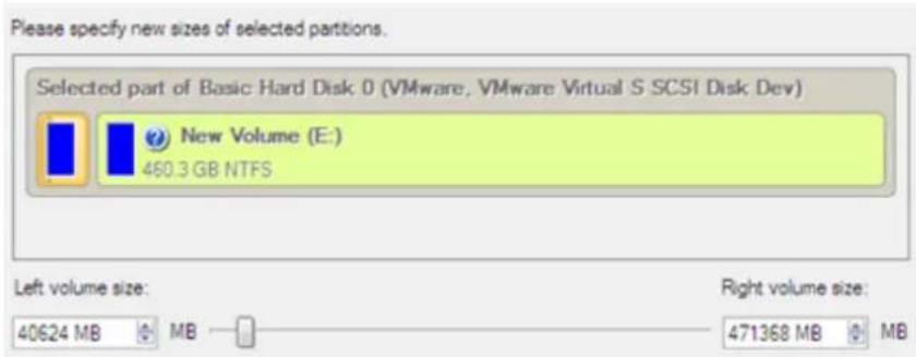 Please specify new sizes of selected partitions. Selected part of Basic Hard Disk 0 (VMware, VMware Virtual S SCSI Disk Dev) New Volume (E:) 460.3 GB NTFS Left volume size: 40624 MB MB Right volume size: 471368 MB MB