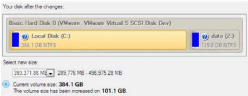 Your disk after the changes: Basic Hard Disk 0 (VMware, VMware Virtual S SCSI Disk Dev) Local Disk (C:) 384.1 GB NTFS data (Z:) 115.8 GB NTFS Select new size: 393,371.86 MB 289,776 MB - 496,975.28 MB Current volume size: 384.1 GB The volume size has been increased on 101.1 GB.
