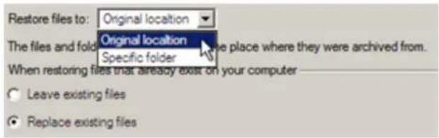 Restore files to: Original location The files and fold Original location Specific folder When restoring files that already exist on your computer Leave existing files Replace existing files