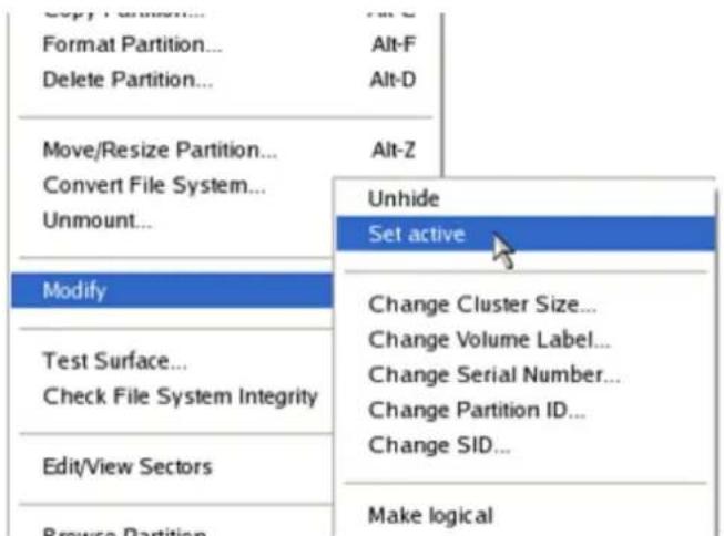 Copy Partition... Format Partition... Delete Partition... Move/Resize Partition... Convert File System... Unmount... Modify Test Surface... Check File System Integrity Edit/View Sectors Remove Partition... Alt-C Alt-F Alt-D Alt-Z Unhide Set active Change Cluster Size... Change Volume Label... Change…