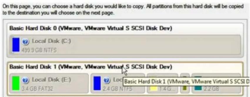 On this page, you can choose a hard disk you would like to copy. All partitions from this hard disk will be copied to the destination you will choose on the next page. Basic Hard Disk 0 (VMware, VMware Virtual S SCSI Disk Dev) Local Disk (C:) 499.9 GB NTFS Basic Hard Disk 1 (VMware, VMware Virtual S…
